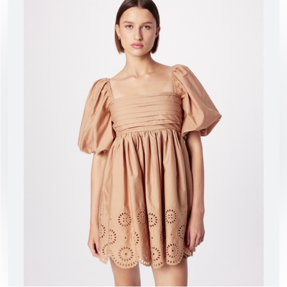 Emerson Abercrombie Puff Sleeve Babydoll Dress in Camel Brown